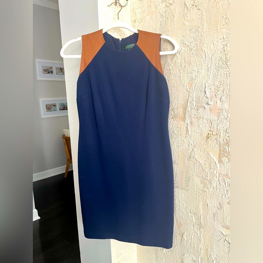 Ralph Lauren Leather Short Sleeve Navy Sheath Dress | Lauren by Ralph Lauren